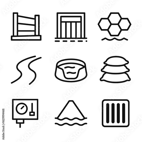 Flood Control Icons. Outline icon set of water diversion and barrier systems: raised flood wall, floodproof gate, permeable paver,