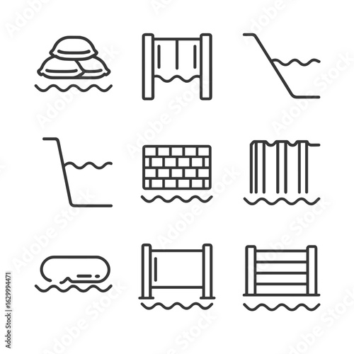 Flood Barrier Icons. Outline icon set of flood barrier systems: sandbag, floodgate, levee, seawall, gabion basket, sheet piling,