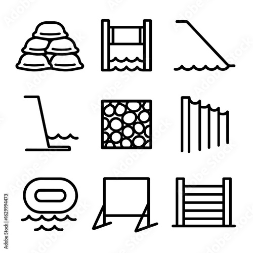 Flood Barrier Icons. Outline icon set of flood barrier systems: sandbag, floodgate, levee, seawall, gabion basket, sheet piling,