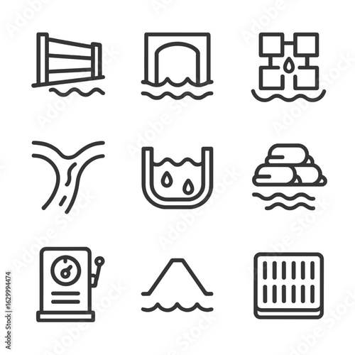 Flood Control Icons. Outline icon set of water diversion and barrier systems: raised flood wall, floodproof gate, permeable paver,
