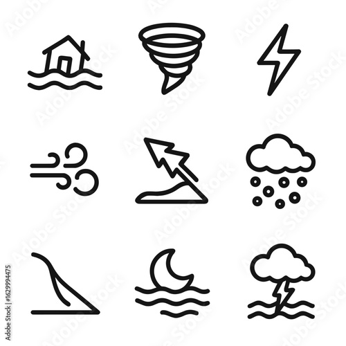 Dark Sky Hazards Icons. Outline icon set of dark sky natural hazards: flash flood, tornado funnel, lightning strike, heavy wind,