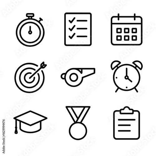 Discipline Icon Set. Outline icon set of discipline concepts: stopwatch, checklist, calendar, target, whistle, alarm clock,