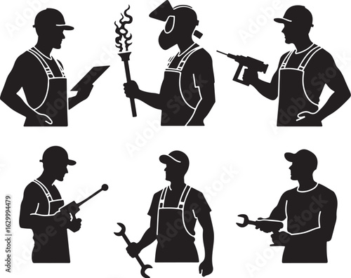 Skilled workers with tools and equipment in action poses