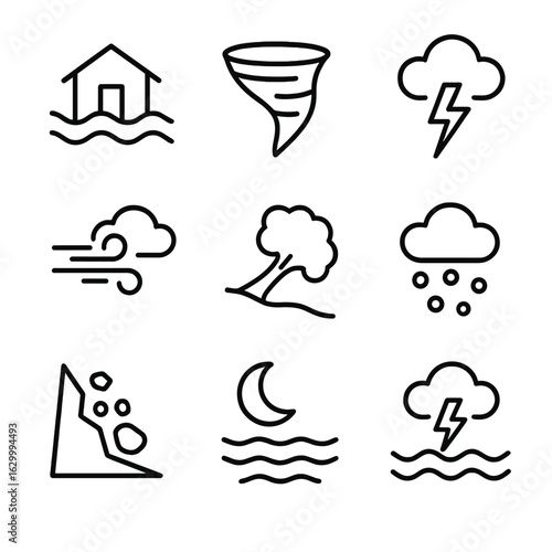 Dark Sky Hazards Icons. Outline icon set of dark sky natural hazards: flash flood, tornado funnel, lightning strike, heavy wind,