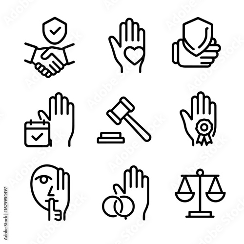 Oath Consequences Icons. Outline icon set of oath consequences: trust, loyalty, duty, penalty, honor, responsibility, secrecy,