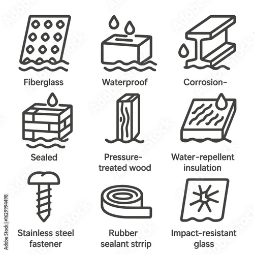 Flood-Resistant Building Icons. Outline icon set of flood-resistant building materials: fiberglass-reinforced panel, waterproof