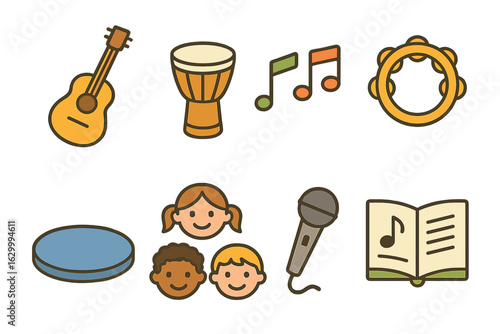 Folk Music Fun. Flat vector mini-illustrations folk music sessions in colors children's illustrations: acoustic guitar, hand drum,