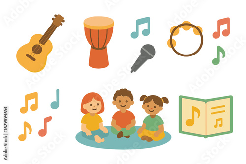 Folk Music Fun. Flat vector mini-illustrations folk music sessions in colors children's illustrations: acoustic guitar, hand drum,