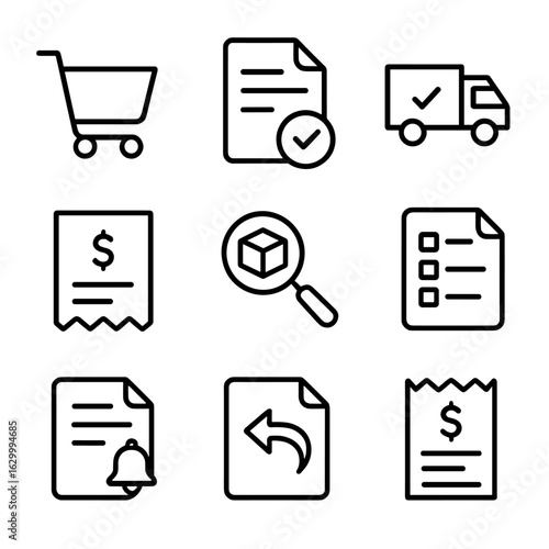 Order Tracking Icons. Outline icon set of tracking orders: shopping cart, order confirmation, shipping status, payment receipt,