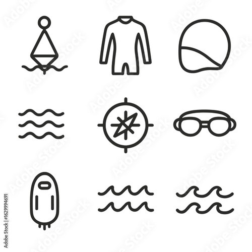 Open Water Icons. Outline icon set of open water swimming: buoy marker, wetsuit, swim cap, safety kayak, water currents, compass,