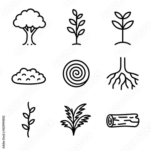 Forest Structure Icons. Outline icon set of forest structure and layers: canopy tree top, understory shrub, young sapling, forest