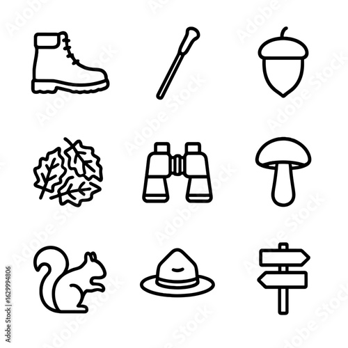 Forest Hiking Icons. Outline icon set of forest nature walks: hiking boots, walking stick, acorn, leaf pile, binoculars, mushroom,