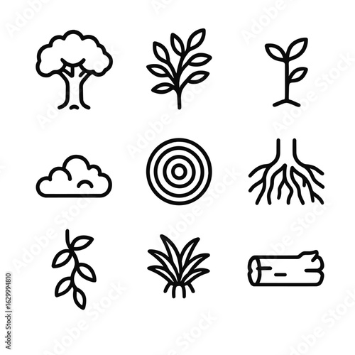Forest Structure Icons. Outline icon set of forest structure and layers: canopy tree top, understory shrub, young sapling, forest