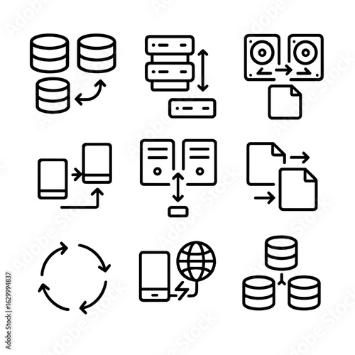 Data Mirroring Icons. Outline icon set of data mirroring: database replica, server sync, RAID mirror, backup copy, mirror server,