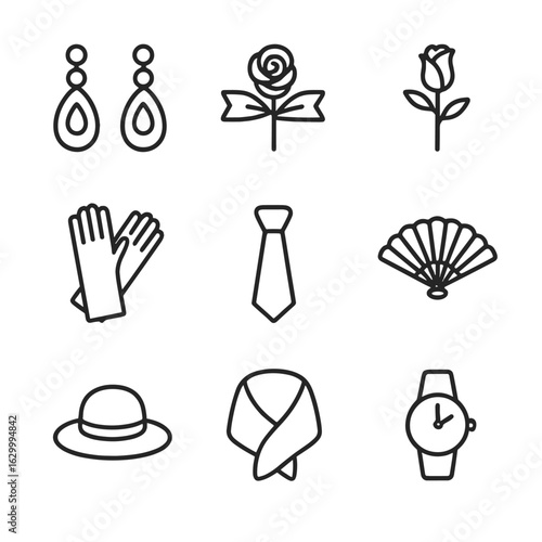 Formal Accessories Icons. Outline icon set of formal event accessories: statement earrings, wrist corsage, boutonniere flower,