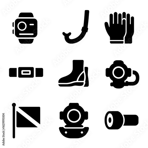 Diving Gear Icons. Solid, filled icon set of Diving equipment: dive computer, snorkel, diving gloves, weight belt, diving boots,