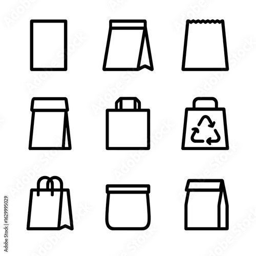 Paper Bag Icons. Outline icon set of paper bag types: flat paper bag, gusseted bag, kraft bag, paper sack, takeaway bag, recycled