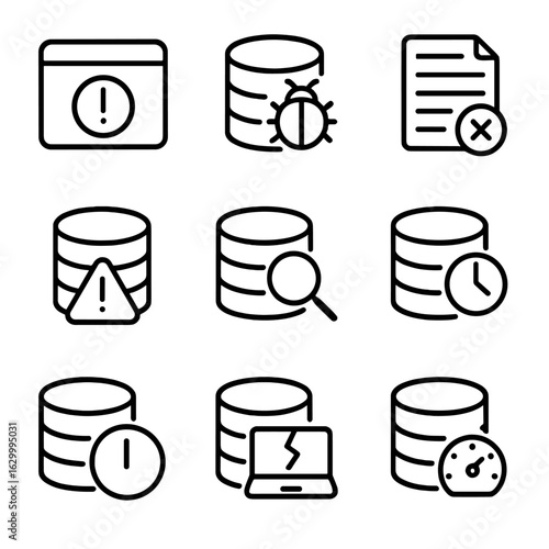 Database Error Icons. Outline icon set of database errors and troubleshooting: error message, bug, log file, alert, debugging tool