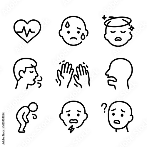 Panic Symptoms Icons. Outline icon set of panic health symptoms: rapid heartbeat, sweating, dizziness, shortness of breath,