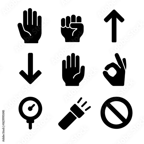 Diving Signal Icons. Solid, filled icon set of diving signals: hand gestures, emergency signal, ascent, descent, stop, ok signal,