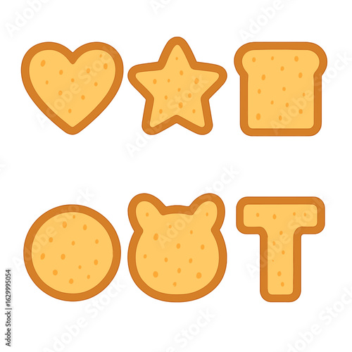 Fun Toast Shapes. Flat vector mini-illustrations of fun toast shapes in colors children’s illustrations: heart shaped toast, star