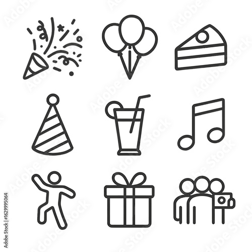 Party Icon Set. Outline icon set of instax party elements: confetti burst, balloon bunch, cake slice, party hat, drink glass,
