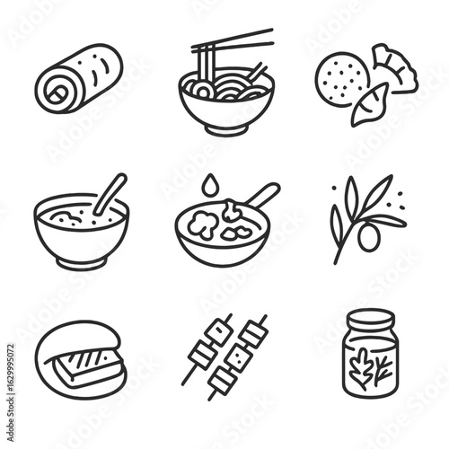 Fusion Cuisine Icons. Outline icon set of Mediterranean-Asian fusion: pita sushi roll, hummus ramen bowl, falafel gyoza, tzatziki