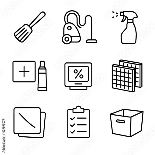 DIY Acoustic Panel Icons. Solid, filled icon set of DIY acoustic panels maintenance: cleaning brush, vacuum cleaner, fabric spray,