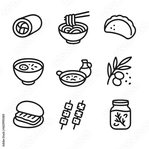 Fusion Cuisine Icons. Outline icon set of Mediterranean-Asian fusion: pita sushi roll, hummus ramen bowl, falafel gyoza, tzatziki