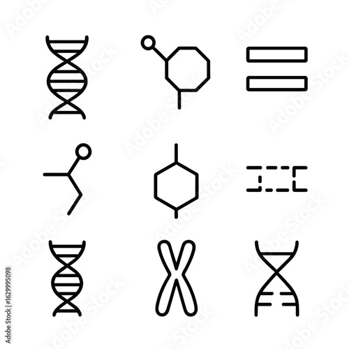 DNA Structure Icons. Outline icon set of DNA structure: double helix, nucleotide, base pair, phosphate backbone, sugar molecule,