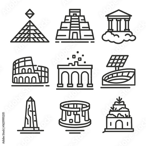 Futuristic Architectural Icons. Outline icon set of reimagined architectural wonders: holographic pyramid, neon-lit ziggurat,