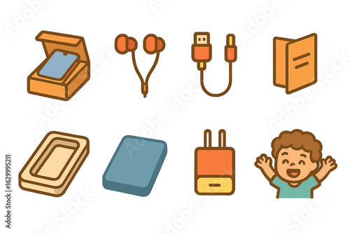 Gadget Unboxing Fun. Flat vector mini-illustrations unboxing electronic gadget in colors children's illustrations: smartphone box,