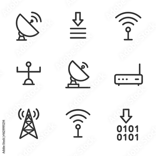 Datalink Icon Set. Outline icon set of downlink communication: satellite dish, data transmission, signal waves, receiver antenna,