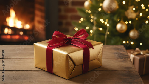 Wallpaper Mural Golden christmas gift box with red ribbon beside a cozy fireplace and decorated tree Torontodigital.ca