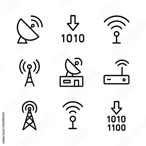 Datalink Icon Set. Outline icon set of downlink communication: satellite dish, data transmission, signal waves, receiver antenna,