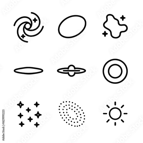 Galaxy Icon Set. Outline icon set of galaxy types and structures: spiral galaxy, elliptical galaxy, irregular galaxy, lenticular