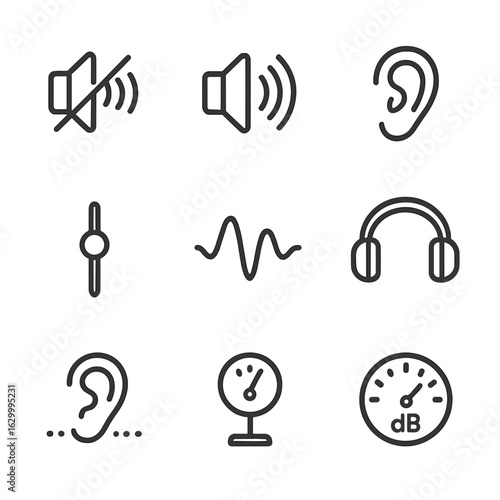 Decibel Icon Set. Outline icon set of decibel-related terms: noise pollution, sound intensity, hearing damage, sound frequency,