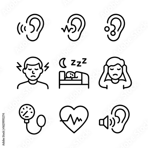 Decibel Health Icons. Outline icon set of decibel-related health effects: hearing loss, tinnitus, ear infection, stress, sleep