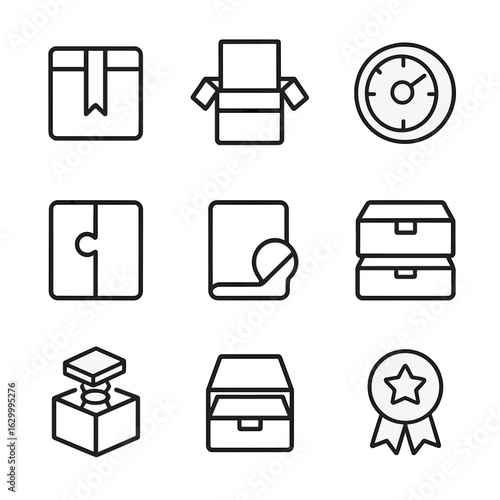Gamified Unboxing Icons. Outline icon set of gamified unboxing features: pull tab ribbon, pop-up element, rotating dial, puzzle