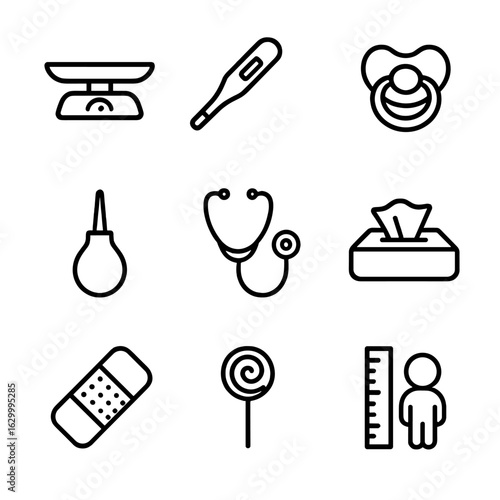 Pediatric Tools Icon Set. Outline icon set of pediatric tools in doctor’s bag: baby scale, child thermometer, pacifier, nasal