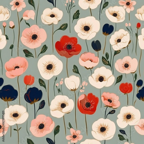 A charming vintage-style floral pattern featuring hand-drawn poppies and anemones in soft pink, red, and white on a muted background.