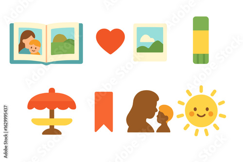 Garden Tea Memories. Flat vector mini-illustrations garden party tea time in colors children's illustrations: teapot, teacup,