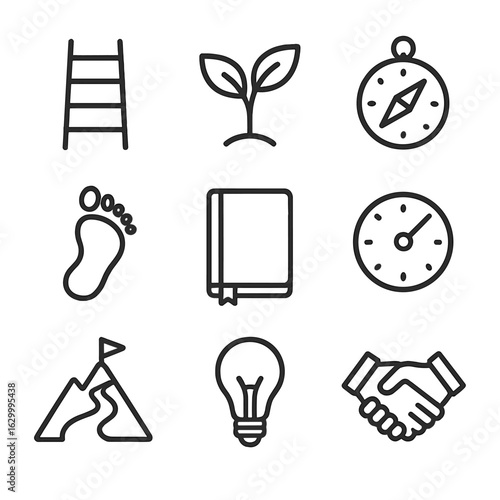 Personal Growth Icons. Outline icon set of personal growth inspiration: ladder, seedling, compass, footprint, journal, clock,