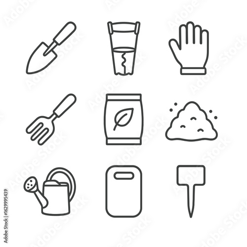 Garden Tool Icon Set. Outline icon set of bulb planting tools and materials: garden trowel, bulb planter tool, garden gloves, soil