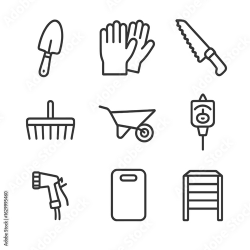Garden Tools Icons. Outline icon set of garden maintenance tools: hand trowel, gardening gloves, pruning saw, rake head,