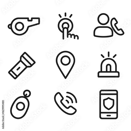 Personal Safety Icons. Outline icon set of personal safety alarms: whistle, panic button, emergency contact, flashlight, GPS