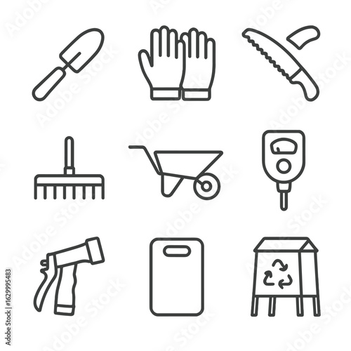 Garden Tools Icons. Outline icon set of garden maintenance tools: hand trowel, gardening gloves, pruning saw, rake head,