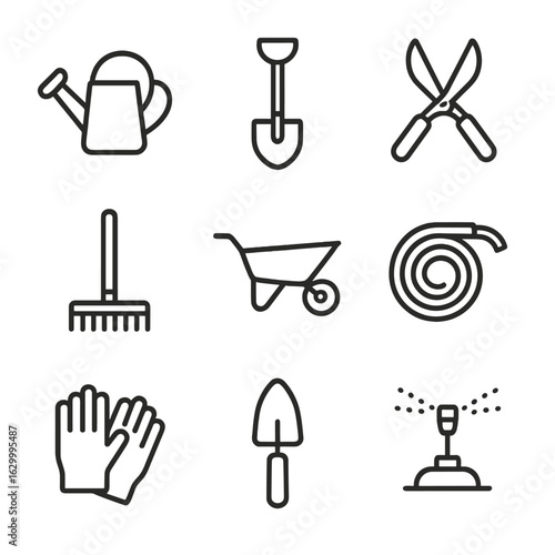 Garden Tool Icons. Outline icon set of garden tools and equipment: watering can, shovel, pruning shears, rake, wheelbarrow, hose,