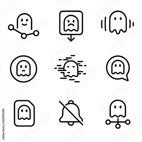 Phantom Signal Icons. Outline icon set of unknown phantom signals: network ping with ghost, dropped packet outline, echo ghost