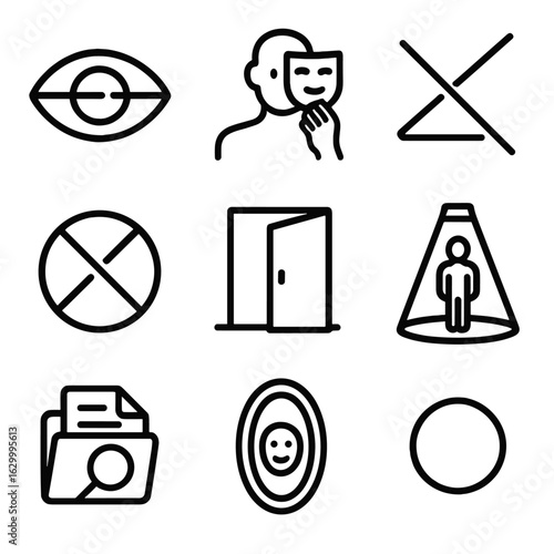 Dual Icon Sets. Outline icon set of exposure moments: eye scan, removed mask, light beam, transparency symbol, open door,